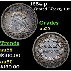 1854-p Seated Liberty Dime 10c Grades Choice AU