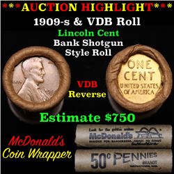 ***Auction Highlight*** Lincoln Wheat cent 1c orig roll, 1909-s end, VDB other end, WOW! (fc) (fc)