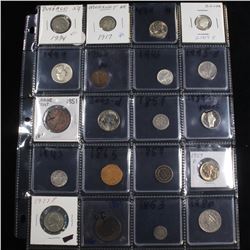 Page of 20 Mixed coins Mercury 10c, Braided Hair 1c, Washington 25c, Roosevelt 10c, Indian 1c, Jeffe