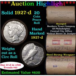 ***Auction Highlight*** Full solid date 1927-d Peace silver dollar roll, 20 coins (fc)
