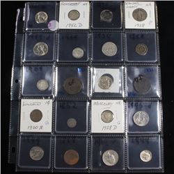 Page of 20 Mixed coins Barber 10c, Braided Hair 1c, Washington 25c, Jefferson 5c, Indian 1c, Mercury