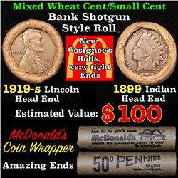 Mixed small cents 1c orig shotgun roll, 1919-s Wheat Cent, 1899 Indian Cent other end, McDonalds Wra