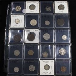 Page of 20 Mixed coins Barber 10c, Braided Hair 1c, Washington 25c, Roosevelt 10c, Indian 1c, Jeffer