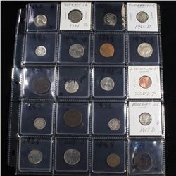Page of 20 Mixed coins Buffalo 5c, Braided Hair 1c, Washington 25c, Mercury 10c, Indian 1c, Jefferso