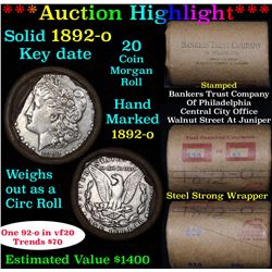 ***Auction Highlight*** Full solid Key date 1892-o Morgan silver dollar roll, 20 coins (fc)