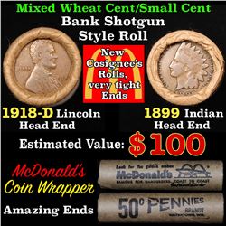 Mixed small cents 1c orig shotgun roll, 1918-d Wheat Cent, 1899 Indian Cent other end