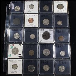 Page of 20 Mixed coins Barber 10c, Braided Hair 1c, Washington 25c, Barber 25c, Indian 1c, Jefferson