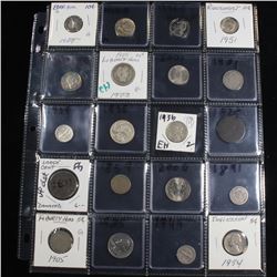Page of 20 Mixed coins Mercury 10c, Braided Hair 1c, Washington 25c, Barber 10c, Indian 1c, Jefferso