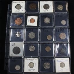 Page of 20 Mixed coins Roosevelt 10c, Braided Hair 1c, Washington 25c, Jefferson 5c, Indian 1c, Libe