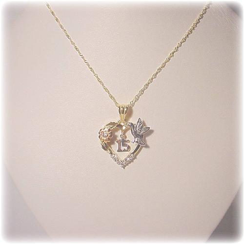 BIG! 14K Solid Gold Quinceanera Necklace 15 Years Heart!