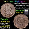Image 1 : ***Auction Highlight*** 1805 No Stems c-1 Draped Bust Half Cent 1/2c Graded Select Unc BN By USCG (f