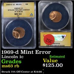 ANACS 1969-d Mint Error Lincoln Cent 1c Graded ms63 rb By ANACS