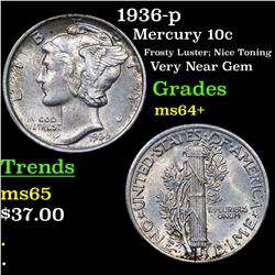 1936-p Mercury Dime 10c Grades Choice+ Unc