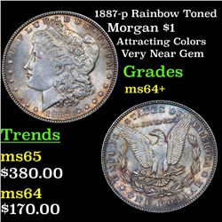 1887-p Rainbow Toned Morgan Dollar $1 Grades Choice+ Unc