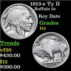 1913-s Ty II Buffalo Nickel 5c Grades f+