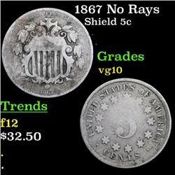 1867 No Rays Shield Nickel 5c Grades vg+