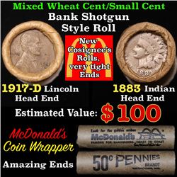 Mixed small cents 1c orig shotgun roll, 1917-d Wheat Cent, 1883 Indian Cent other end, McDonalds Wra