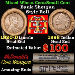 Mixed small cents 1c orig shotgun roll, 1920d Wheat Cent, 1898 Indian Cent other end, McDonalds Wrap