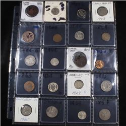 Page of 20 Mixed coins Jefferson 5c, Braided Hair 1c, Washington 25c, Mercury 10c, Indian 1c, Libert