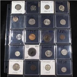 Page of 20 Mixed coins Roosevelt 10c, Braided Hair 1c, Washington 25c, Jefferson 5c, Indian 1c, Merc