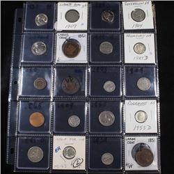 Page of 20 Mixed coins Barber 10c, Braided Hair 1c, Washington 25c, Roosevelt 10c, Liberty 5c, Jeffe