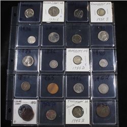 Page of 20 Mixed coins Mercury 10c, Braided Hair 1c, Washington 25c, Jefferson 5c, Indian 1c, Libert