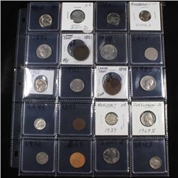 Page of 20 Mixed coins Barber 10c, Braided Hair 1c, Washington 25c, Mercury 10c, Indian 1c, Jefferso