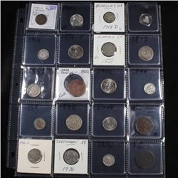 Page of 20 Mixed coins Mercury 10c, Braided Hair 1c, Washington 25c, Barber 10c, Buffalo 5, Jefferso