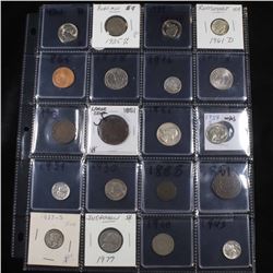 Page of 20 Mixed coins Roosevelt 10c, Braided Hair 1c, Washington 25c, Jefferson 5c, Indian 1c, Barb