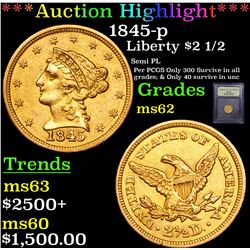 ***Auction Highlight*** 1845-p Gold Liberty Quarter Eagle $2 1/2 Graded Select Unc By USCG (fc)