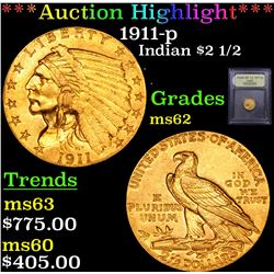 ***Auction Highlight*** 1911-p Gold Indian Quarter Eagle $2 1/2 Graded Select Unc By USCG (fc)