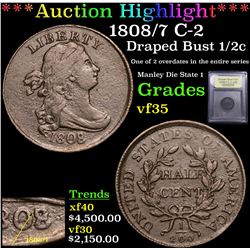 ***Auction Highlight*** 1808/7 C-2 Draped Bust Half Cent 1/2c Graded vf++ By USCG (fc)