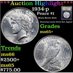 ***Auction Highlight*** 1934-p Peace Dollar $1 Graded GEM+ Unc By USCG (fc)