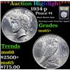 Image 1 : ***Auction Highlight*** 1934-p Peace Dollar $1 Graded GEM+ Unc By USCG (fc)