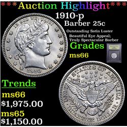 ***Auction Highlight*** 1910-p Barber Quarter 25c Graded GEM+ Unc By USCG (fc)