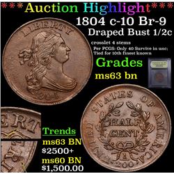 ***Auction Highlight*** 1804 c-10 Br-9 Draped Bust Half Cent 1/2c Graded Select Unc BN By USCG (fc)