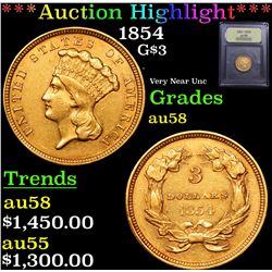 ***Auction Highlight*** 1854 Three Dollar Gold .$3 Graded Choice AU/BU Slider By USCG (fc)