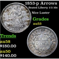 1853-p Arrows Seated Liberty Half Dime 1/2 10c Grades Select AU