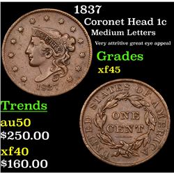 1837 Coronet Head Large Cent 1c Grades xf+