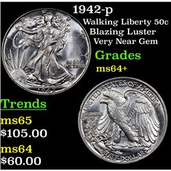 1942-p Walking Liberty Half Dollar 50c Grades Choice+ Unc