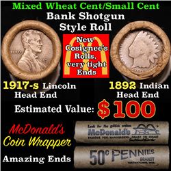 Mixed small cents 1c orig shotgun roll, 1917-s Wheat Cent, 1892 Indian Cent other end, McDonalds Wra