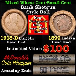 Mixed small cents 1c orig shotgun roll, 1918-d Wheat Cent, 1899 Indian Cent other end, McDonalds Wra