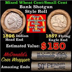 Mixed small cents 1c orig shotgun roll, 1857 Flying Eagle Cent, 1896 Indian Cent other end, McDonald