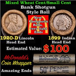 Mixed small cents 1c orig shotgun roll, 1920-d Wheat Cent, 1899 Indian Cent other end, McDonalds Wra