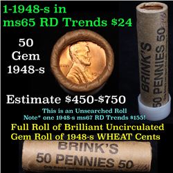 ***Auction Highlight*** Uncirculated 1c orig shotgun roll, 1948-s in old Brink's wrapper (fc)