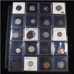 Page of 20 Mixed coins Jefferson 5c, Braided Hair 1c, Washington 25c, Mercury 10c, Lincoln 1c, Buffa
