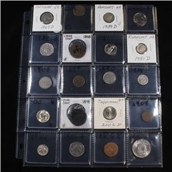 Page of 20 Mixed coins Roosevelt 10c, Braided Hair 1c, Washington 25c, Jefferson 5c, Indian 1c, Merc