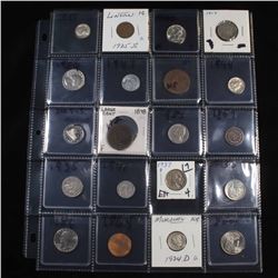 Page of 20 Mixed coins Barber 10c, Braided Hair 1c, Washington 25c, Roosevelt 10c, Buffalo 5c, Jeffe