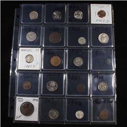 Page of 20 Mixed coins Buffalo 5c, Braided Hair 1c, Washington 25c, Mercury 10c, Indian 1c, Jefferso