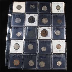 Page of 20 Mixed coins Seated Liberty 10c, Braided Hair 1c, Washington 25c, Mercury 10c, Indian 1c, 